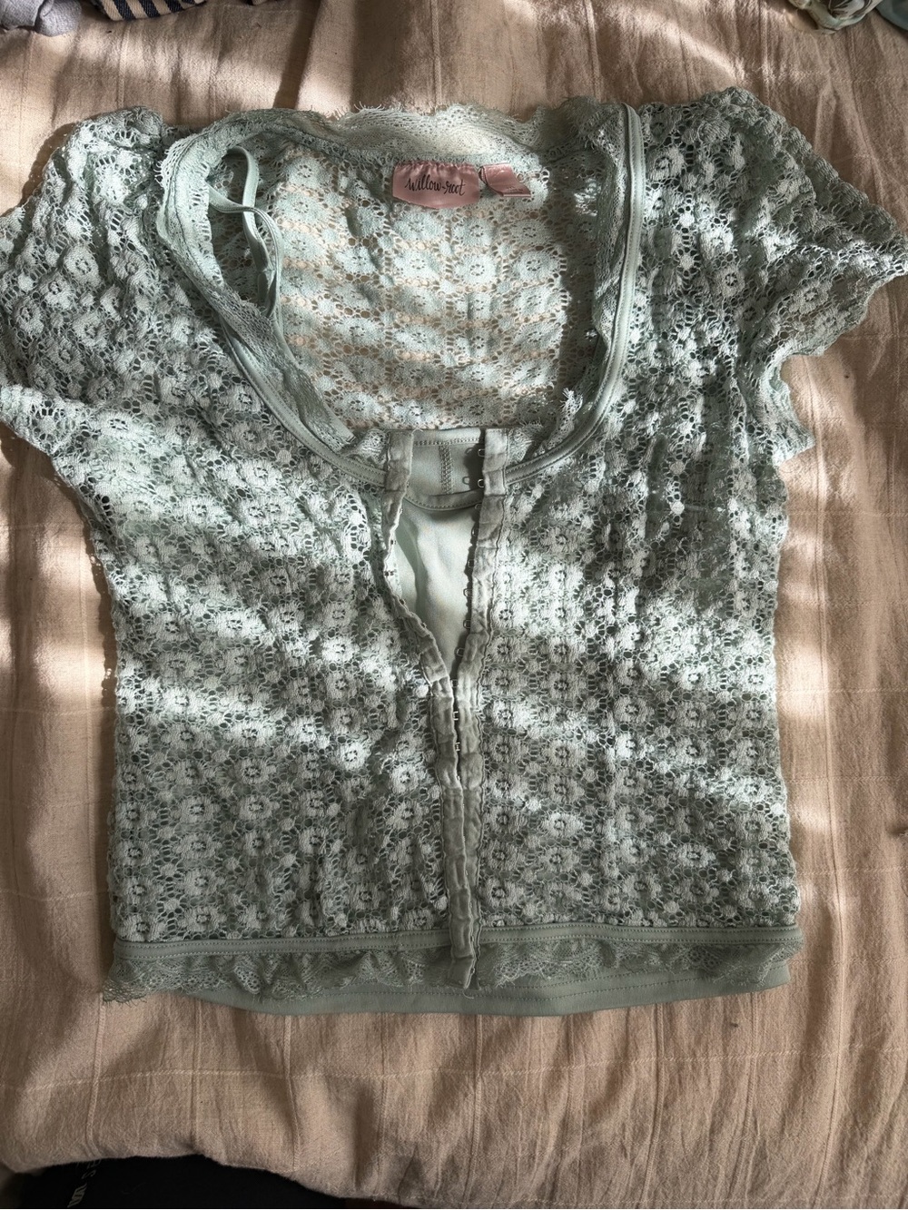 Women's Lace Crochet Short-Sleeve Top in Sage Green